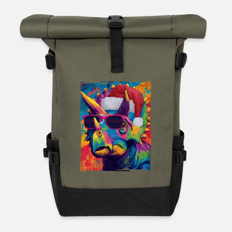 Dinosaur triceratops Christmas Portrait - Roll Top Backpack - olive/black