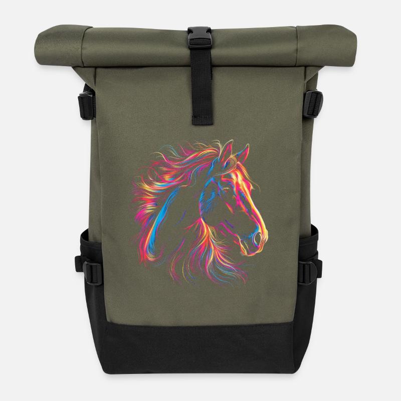 Colorful Horse Portrait in Artistic Style - Roll Top Backpack - olive/black