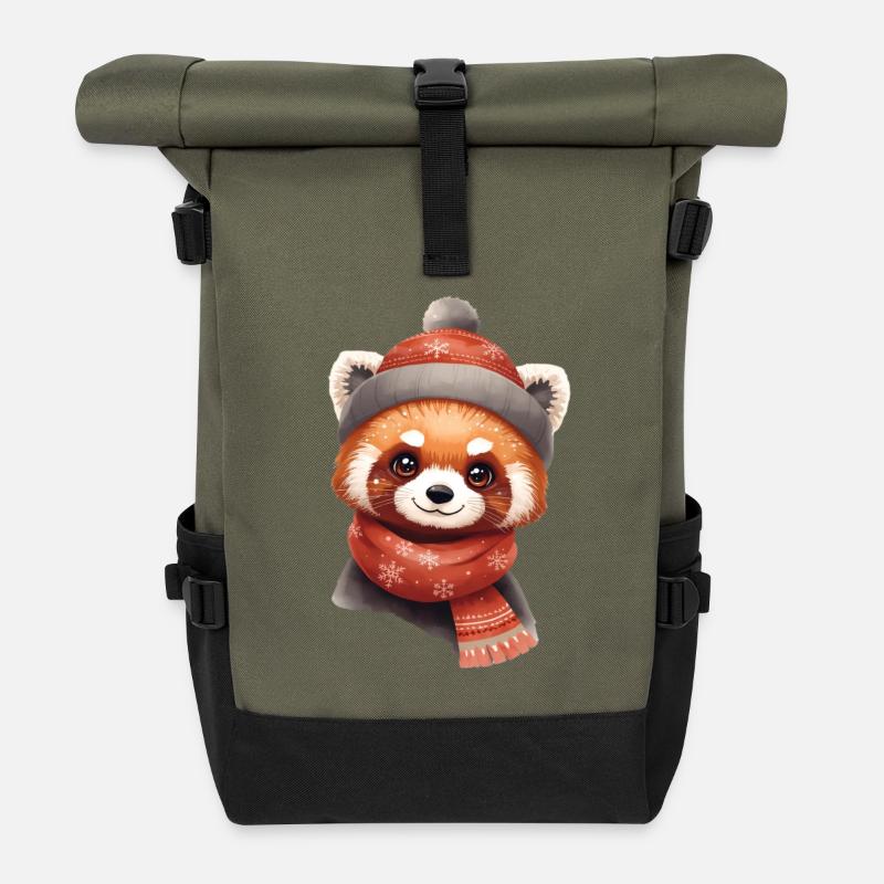 Winter panda with hat and scarf - Roll Top Backpack - olive/black