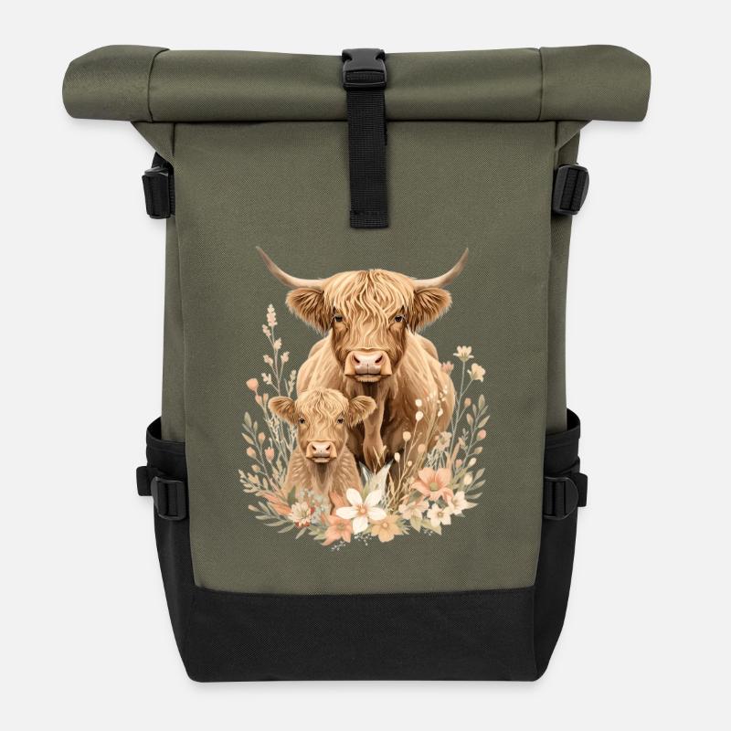 Les vaches veulent, bordées de fleurs, - Sac à dos roll top - olive/noir