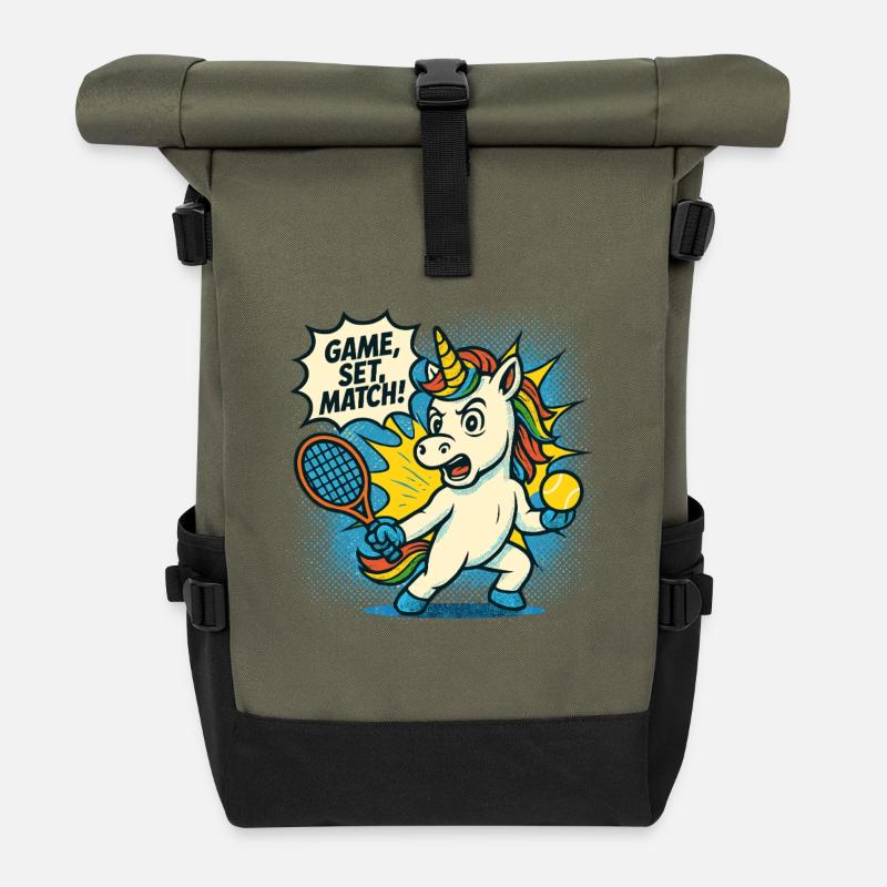 Tennis Unicorn Retro, Game Set Match, Fun - Roll Top Backpack - olive/black