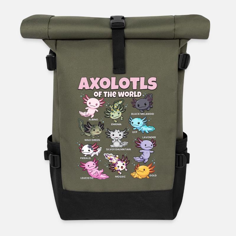 Axolotls der Welt Kawaii Bildungsgrafik - Rolltop Rucksack - Olive/Schwarz