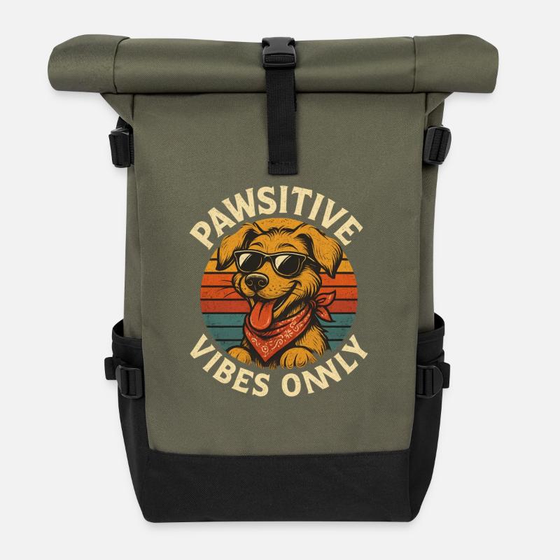 Pawsitive Vibes Only Hund Retro - Rolltop Rucksack - Olive/Schwarz