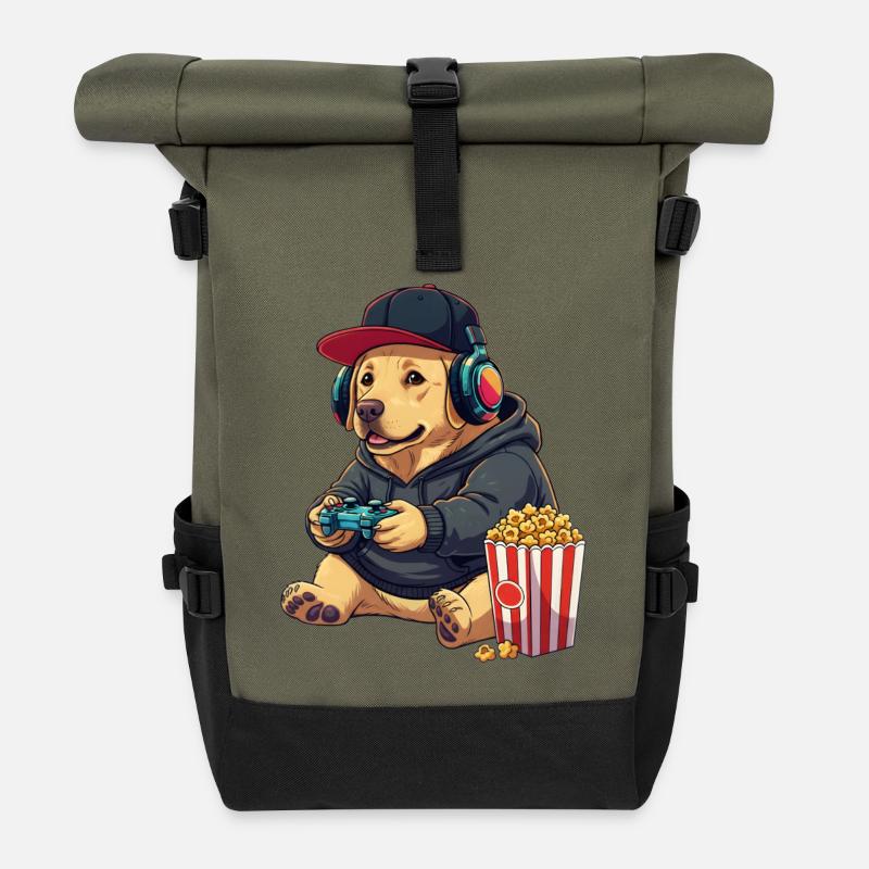 Chien gamer labrador avec du popcorn - Sac à dos roll top - olive/noir