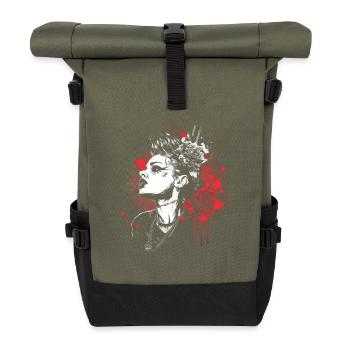 Rebellisches Frauenporträt mit Blumenkranz - Rolltop Rucksack - Olive/Schwarz - Vorne