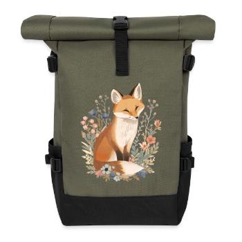 Floral Fuchsillustration mit zarten Wildblumen - Rolltop Rucksack - Olive/Schwarz - Vorne