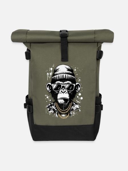 Cooler Affe mit Streetstyle und Chains - Rolltop Rucksack - Olive/Schwarz