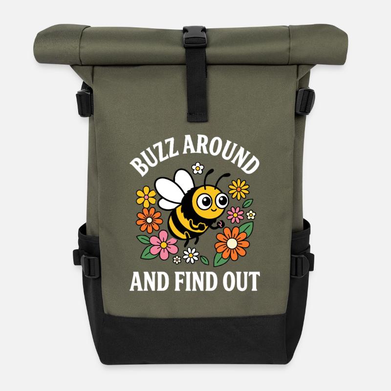 Buzz Around and Find Out Biene Humor Meme Spruch - Rolltop Rucksack - Olive/Schwarz