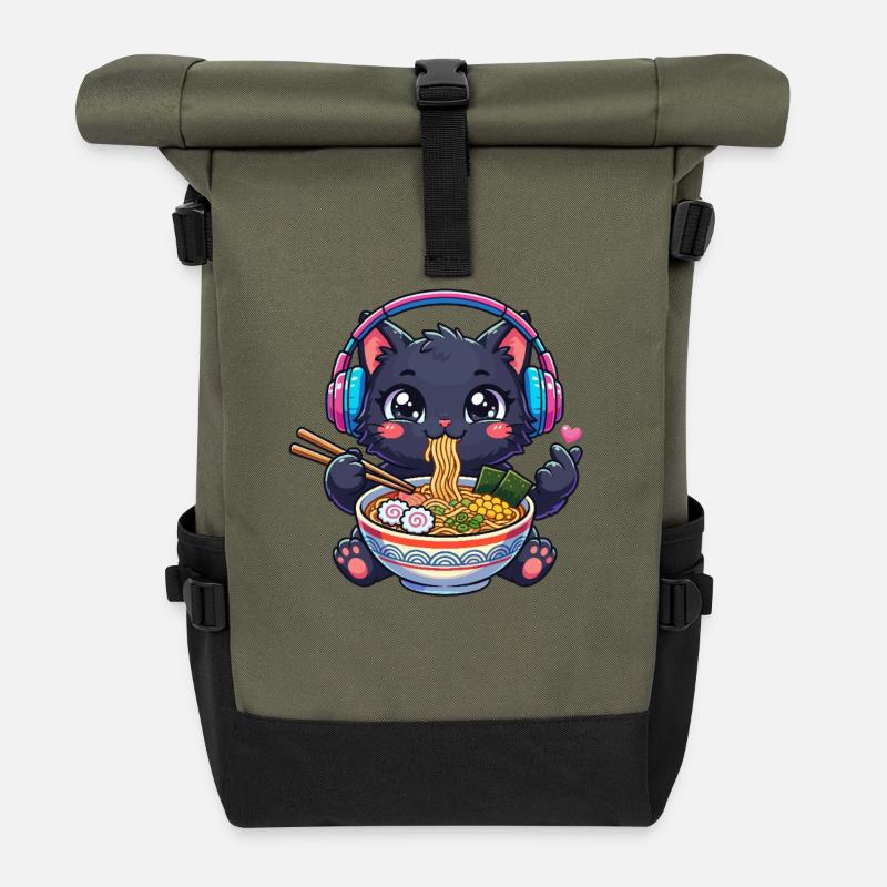 K-pop de ramen chat noir kawaï - Sac à dos roll top - olive/noir