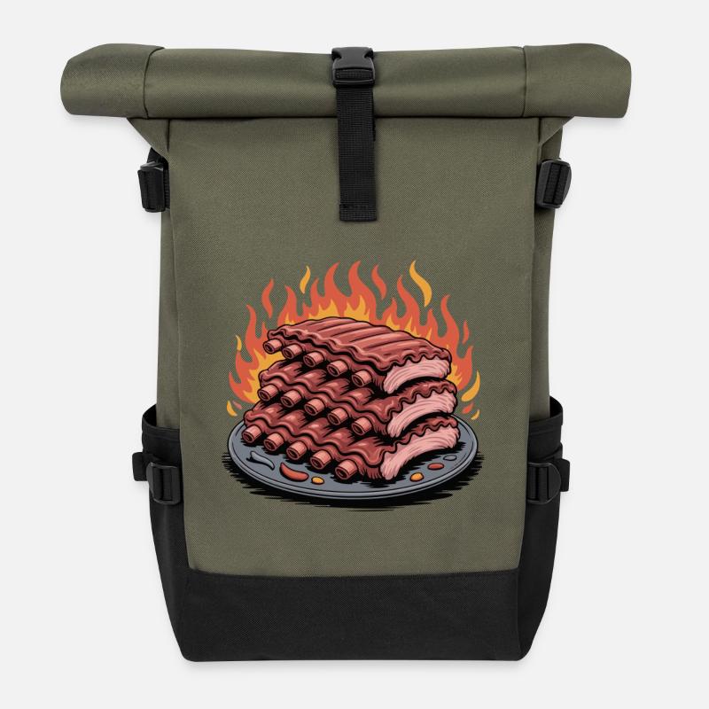 Feuergegrillte Rippchen Platte - Rolltop Rucksack - Olive/Schwarz