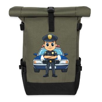 Cartoon policeman in front of police car - Roll Top Backpack - olive/black - Front
