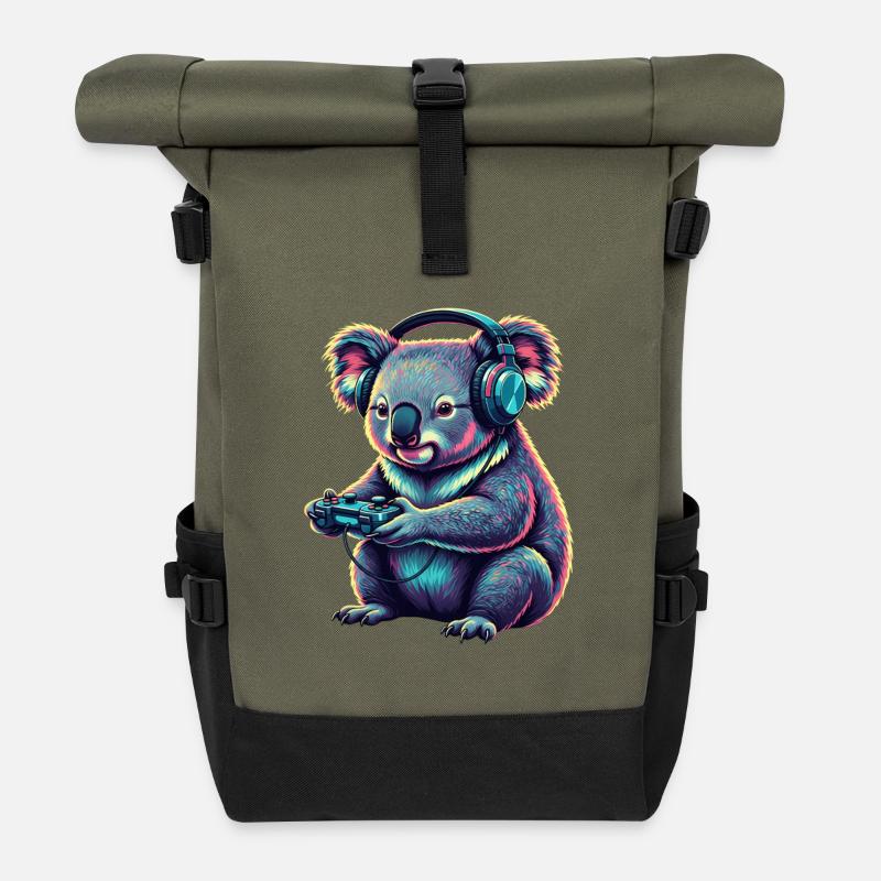 Koala Gaming Tier Videospiele Lustiger Koala - Rolltop Rucksack - Olive/Schwarz