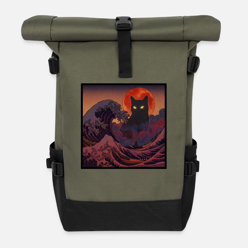 Mystic Black Cat Japanese Wave Night - Roll Top Backpack - olive/black