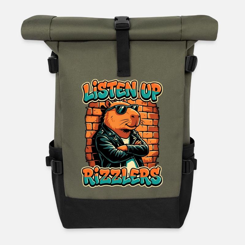 Listen Up Rizzlers Capybara - Rolltop Rucksack - Olive/Schwarz