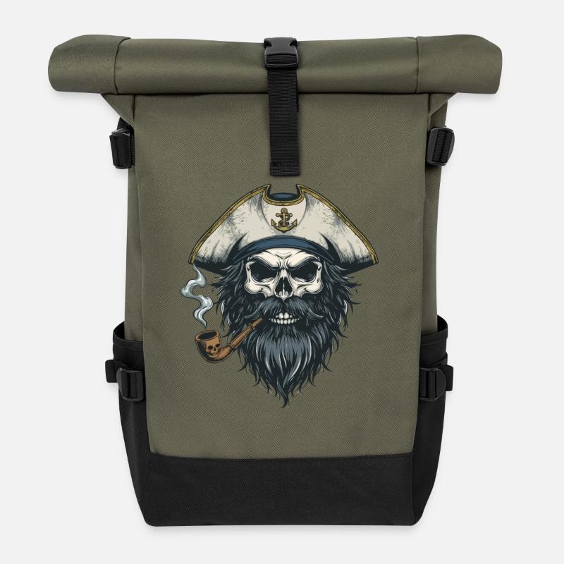 Captain Skull Sailor Nautical Sea Lake Boat - Roll Top Backpack - olive/black