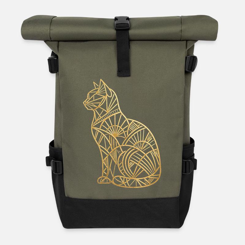 Goldene Katze im Art-Déco-Stil - Rolltop Rucksack - Olive/Schwarz