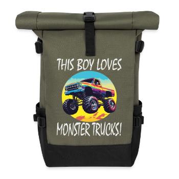 Junge liebt Monster Trucks - Rolltop Rucksack - Olive/Schwarz - Vorne