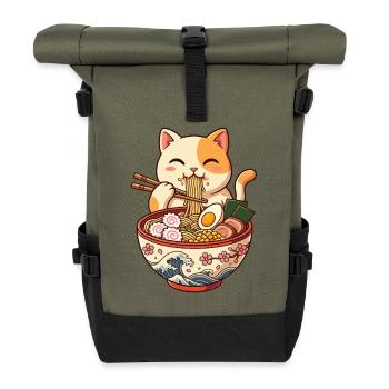Kawaii Cat Ramen Bowl - Roll Top Backpack - olive/black - Front