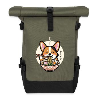 Niedlicher Corgi, der köstliche Ramen-Nudeln isst - Rolltop Rucksack - Olive/Schwarz - Vorne