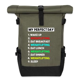 Mein perfekter Tag Gewichtheben Lustiges Fitnessstudio Workout Gif - Rolltop Rucksack - Olive/Schwarz - Vorne