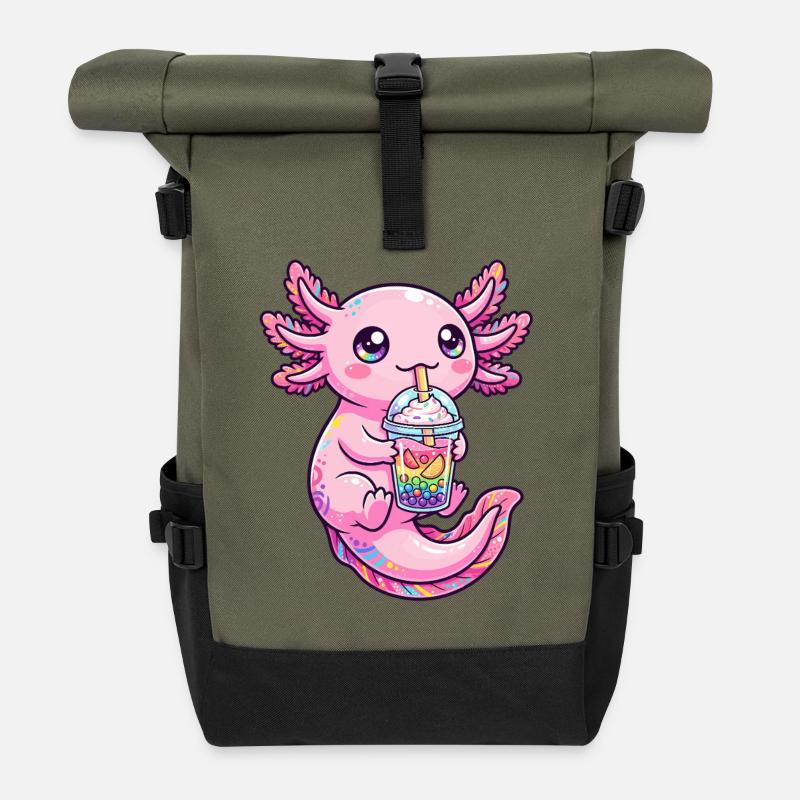 Rosa Axolotl Boba Tee - Rolltop Rucksack - Olive/Schwarz
