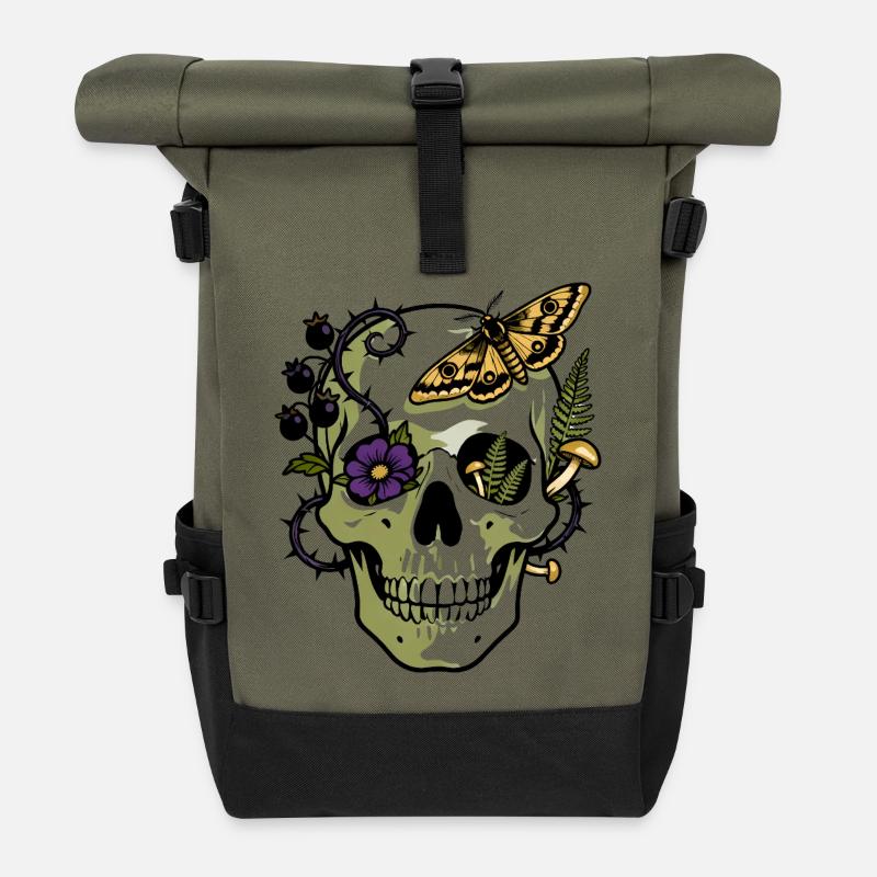 Natura Skull with Flowers and Butterflies - Roll Top Backpack - olive/black
