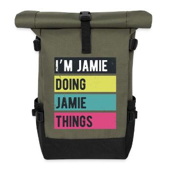 Ich bin Jamie und mache Jamie Things Retro-Farben - Rolltop Rucksack - Olive/Schwarz - Vorne