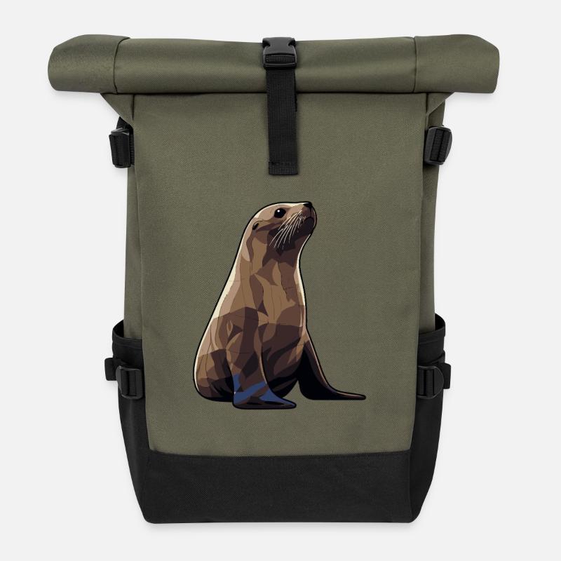 Seehund Tier Seelöwe - Rolltop Rucksack - Olive/Schwarz