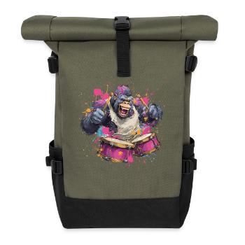 Bunter Affe am Trommelset - Rolltop Rucksack - Olive/Schwarz - Vorne