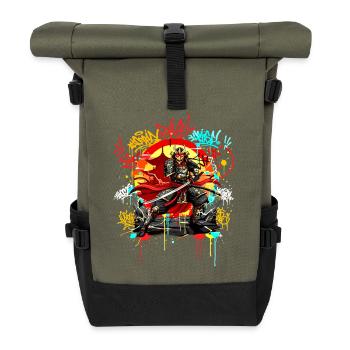 Urban Samurai Streetart Graffiti Japan Style - Rolltop Rucksack - Olive/Schwarz - Vorne