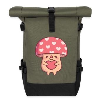 Cute Mushroom Hugging Heart Valentine - Roll Top Backpack - olive/black - Front