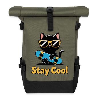 Skater Cat Stay Cool - Roll Top Backpack - olive/black - Front