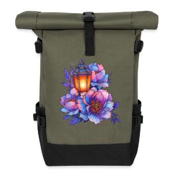 Laternenlicht vor bunten Pfingstrosen - Rolltop Rucksack - Olive/Schwarz - Vorne
