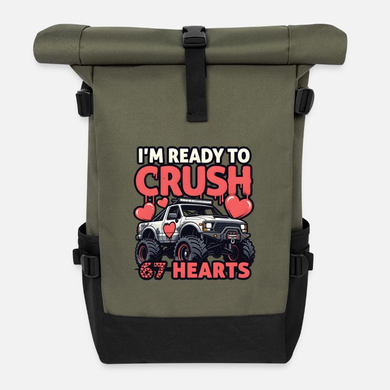 Monstertruck zerquetscht 67 Herzen Valentine - Rolltop Rucksack - Olive/Schwarz
