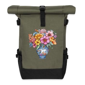 Blumenstrauß in blauer Delft-Vase - Rolltop Rucksack - Olive/Schwarz - Vorne