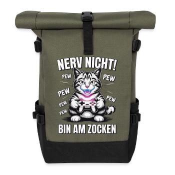Nerv nicht bin am Zocken Gamer Katze Design - Rolltop Rucksack - Olive/Schwarz - Vorne
