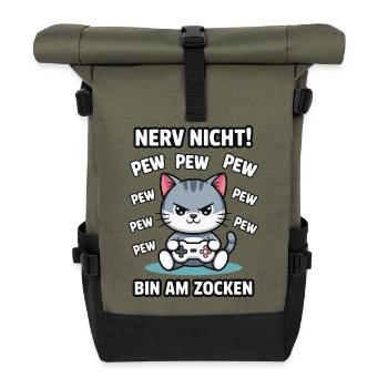 Nerv nicht bin am Zocken Gamer Katze Design - Rolltop Rucksack - Olive/Schwarz - Vorne
