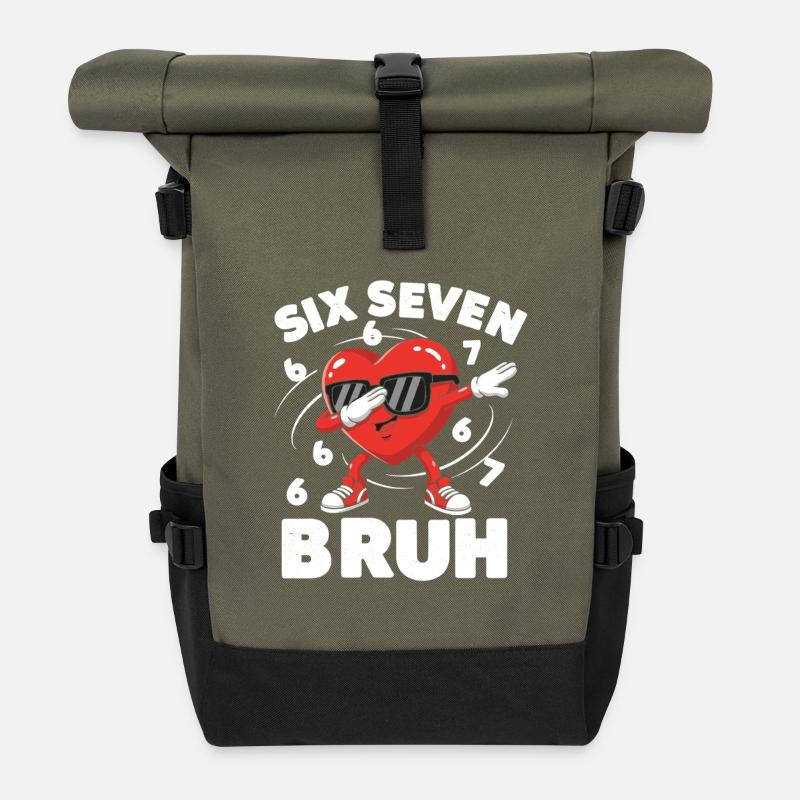 Six Seven Bruh Heart Cartoon - Rolltop Rucksack - Olive/Schwarz