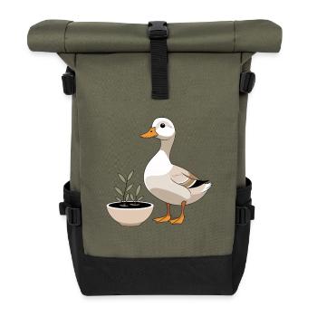 Duck in a plant pot – charming illustration - Roll Top Backpack - olive/black - Front