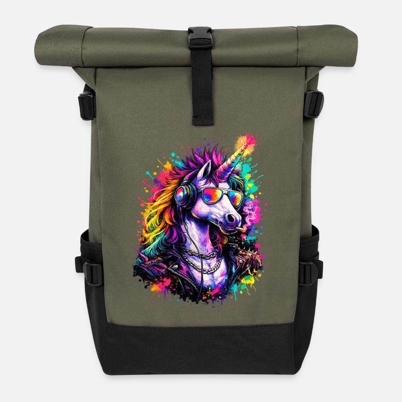 Cool unicorn DJ with headphones - Roll Top Backpack - olive/black