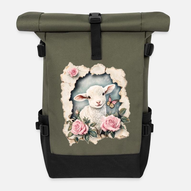 Lamm mit Schmetterling - Rolltop Rucksack - Olive/Schwarz