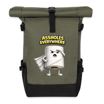Assholes Everywhere 3D Humor Design - Rolltop Rucksack - Olive/Schwarz - Vorne