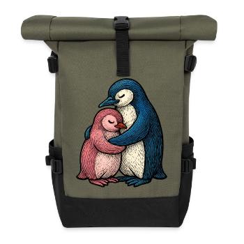 Hugged Penguins: Blue Pink Duo - Roll Top Backpack - olive/black - Front