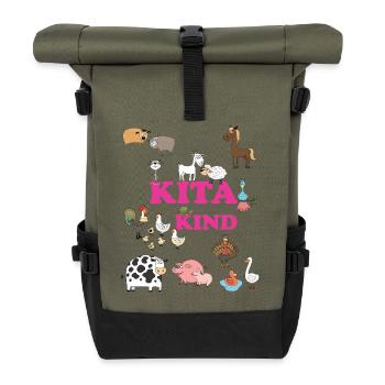 Kita Kind Tierwelt – Bunte Tiere - Rolltop Rucksack - Olive/Schwarz - Vorne
