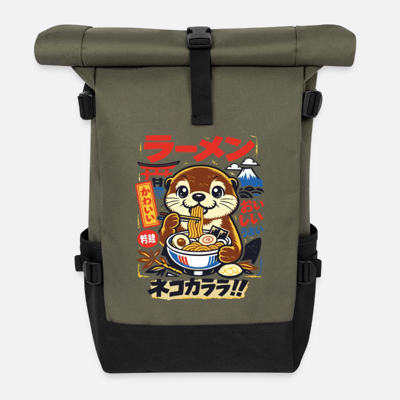 Loutre de Kawaii | Ramen | Soupe de nouilles | Restauration rapide - Sac à dos roll top - olive/noir