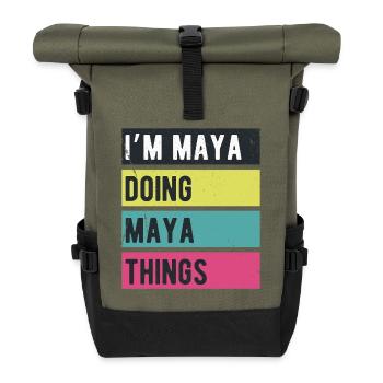 Ich bin Maya und mache Maya-Dinge Retro-Farben - Rolltop Rucksack - Olive/Schwarz - Vorne