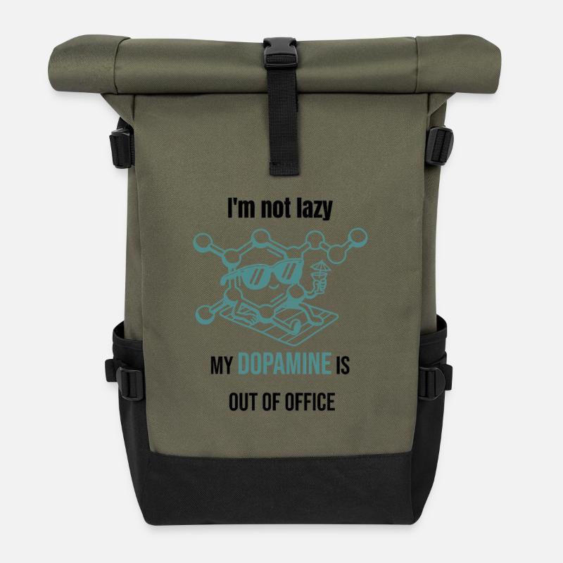 Dopamine Molecule - I'm Not Lazy - Roll Top Backpack - olive/black