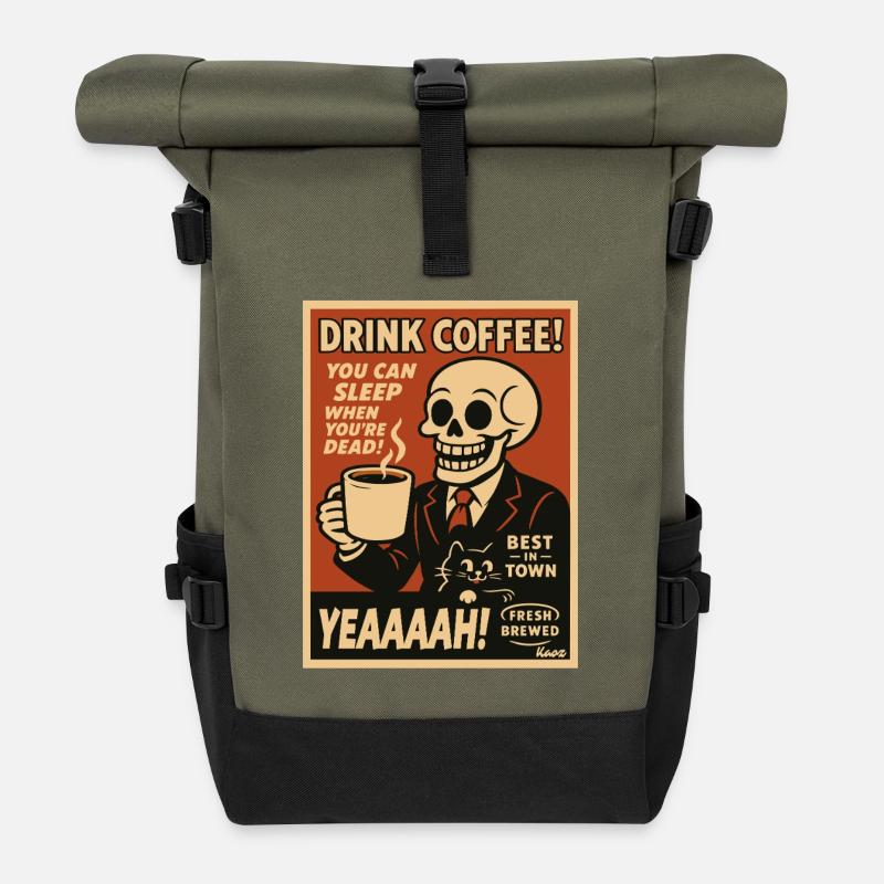 Kaffee Totenkopf und Katze Retro - Rolltop Rucksack - Olive/Schwarz