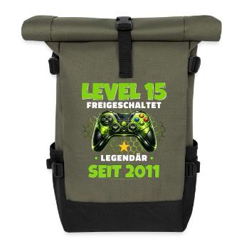 15. Geburtstag Gamer Shirt Level 15 freigeschaltet - Rolltop Rucksack - Olive/Schwarz - Vorne
