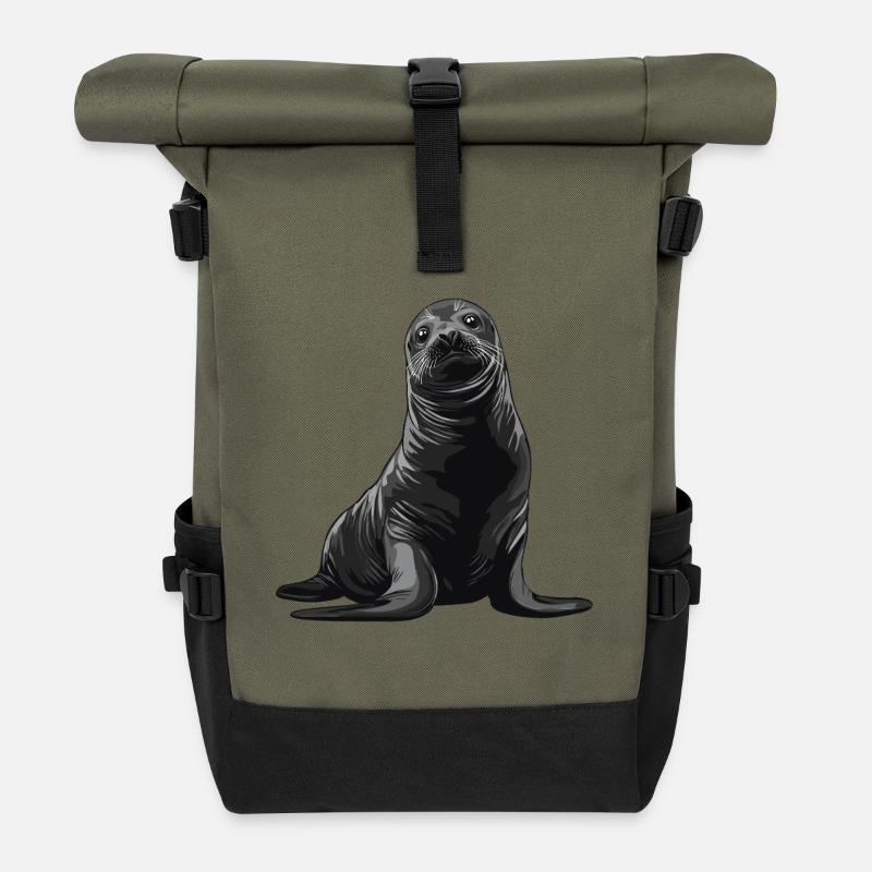 Graue Robbenillustration mit neugierigem Blick - Rolltop Rucksack - Olive/Schwarz